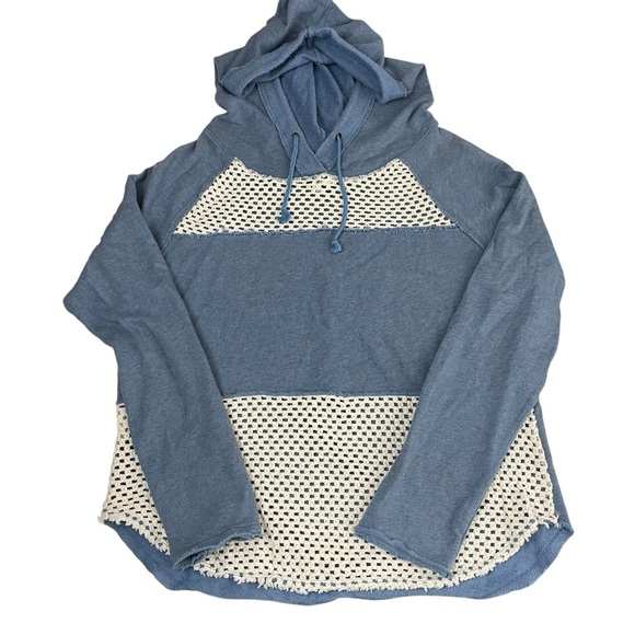 Free People Crochet Panel Blue Pullover Hoodie Sweatshirt Medium - Picture 7 of 13